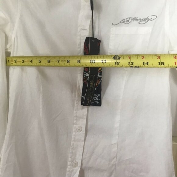 Ed Hardy NEW Vintage Logo Sequins Embroidery Shirt Floral Cotton Button Blouse S - Picture 14 of 16